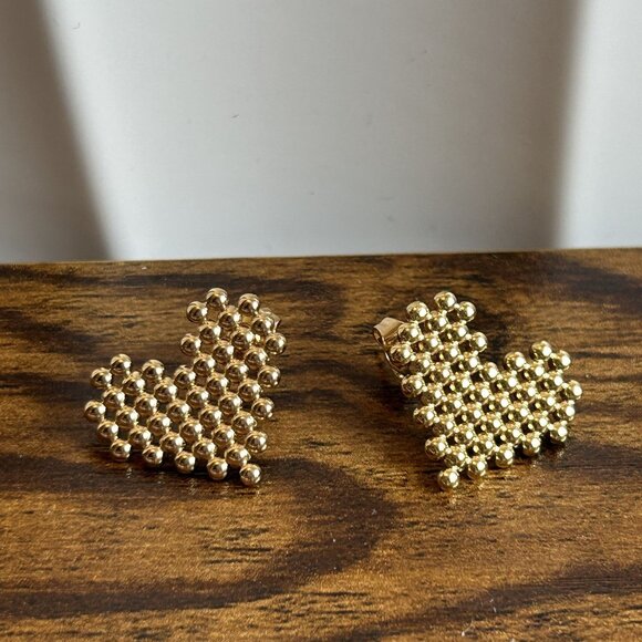 Gold Heart Shape Beaded Honeycomb Earrings Stainless Steel Stud Post Back - Picture 4 of 7